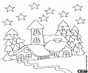 ... Maisons dans les bois enneigés sous les étoiles de le soir de Noël ... Maisons dans les bois enneigés sous les étoiles de le soir de Noël