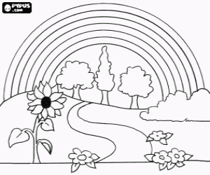 Coloriage Paysage au printemps avec des fleurs, des arbres et des arc ...